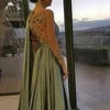 One Schulter Perlen Abendkleider in voller L￤nge A-Line Satin Langarmes formelle Party-Kleid-Kleid-Kleid