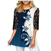 Women's Jumpsuits Rompers Plus Size 4xl 5XL Shirt Blouse Female Spring Summer Tops Oneck Half Sleeve Lace Splice Print Boho Women shirt 221123