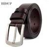 Belts HIDUP Brand Name Designer Cowhide Leather Cow Skin Real Black Pin Buckle Metal Belt For Men Clothing NWJ614