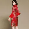 Etnik Giyim Sonbahar Kış Şangay Hikayesi İpek Karışımı Kadınlar Qipao Çin Elbise Uzun Kollu Cheongsam Elbise Diz Uzun