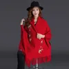 Women's Knits Tees Autumn Winter Can Wear Shawl Scarf Dual-use Embroidery With Sleeves Wool Cashmere Thick Tassel Cloak Female 221123