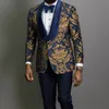 Mens Suits Blazers Navy Blue Floral Jacquard Prom Men for Wedding 3 Piece Slim Fit Groom Tuxedo African Male Fashion Costume Jacket Pants 221123