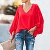 Women's Jumpsuits Rompers Women Blouses Sexy VNeck Long Lantern Sleeve Blouse Loose Shirts Elegent Office Ladies Smooth Casual Solid Color Tops Plus Size 221123