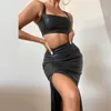 Tvådelad klänning PU -läder 2 -stycken klänning set för kvinnor sommarkläder sexig fest klubb tank top bodycon hög slits midi kjol matchning set outfit 221123