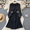 Spring New Dress Medium long Charm Lady Style Waist Slim Wave Dot Ruffles Fishtail Hip Wrap Dress