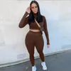 Mulheres Duas Peças Calças Conjuntos Personalizados Mulheres Sólidos Outono Tracksuits Cintura Alta Stretchy Sportswear Crop Tops Leggings Matching Outfits 221123