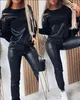 Kadınlar iki parçalı pantolon gündelik fermuarlı tasarım pu deri yama uzun kollu üst çekme seti s set s outifits moda sonbahar bahar 221123