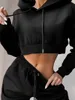 Women s Two Piece Pants Tracksuit Women Set Autumn Clothes Solid Hooded Fleece Sweatshirt Crop Top and Sets Casual 2 s Suit Outfits 221123