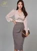 Two Piece Dress H Han Queen Women Autumn Profession 2 Pieces Set V Neck Blouses Vintage Mid Calf Pencil Skirt Korean Simple Casual Suit 221122