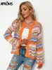 Women's Knits Tees Aproms Elegant Rainbow Colored Long Sleeve Knit Cardigan Women Autumn Hollow Out Oversized Sweater Female Fashion Outerwear 221123