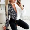 Kvinnors jumpsuits Rompers Leopardzebra Stripe Spliced ​​Blue Women Deep Vneck Shirts Office Lady Chic Long Sleeve Tops ol Shirs för Autumn Spring 221123