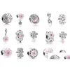 Silver Fits Pandora 925 Sterling Sier Bracelet Pink Enamel Magnolia Crystal Dangle Beads Charms For European Snake Charm Chain Dhdlr