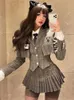 Deux pièces robe gilet chemise chemisier jupe costumes fille collège style costume à carreaux plissé mini femme sexy coréenne veste blazers manteau A5R 221122