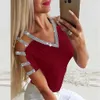 Women's Jumpsuits Rompers Women Sequins Blouse V Neck Sexy Hollow Out Blouses Summer Fashion Short Sleeve Shirt Top Female Casual Glitter Tunic Tops 221123