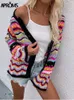 Women's Knits Tees Aproms Elegant Rainbow Colored Long Sleeve Knit Cardigan Women Autumn Hollow Out Oversized Sweater Female Fashion Outerwear 221123