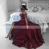 Burgundy High Neck caftan Evening Dresses Beaded Lace Full Sleeve Split Arabic Special Occasion Prom Party Gowns