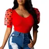 Women's Jumpsuits Rompers Women Summer Mesh Puff Short Sleeve Ribbed Knitted Shirt Slim Casual Polka Dots Oneck Blouse Tops Elegant Party Clubwear 221123