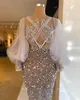 2023 Designer Mermaid Evening Dresses Long Sleeves Sparkly Sequins Crystals Beaded Lace Applique Plus Size Pleats Prom Gown Formal Custom Made Vestidos