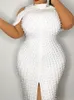 Sukienki imprezowe duże rozmiar białe suknia z koralikami Bodycon seksowna próbna kołnierz z ramiona długość kolan wiosna letnie urodziny dla kobiet 221123