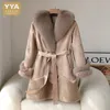 Womens Fur Faux Real Overcoat Belted Women Elegant Rabbit Jacket Winter Warm Suede Leather Collar Coat Thick Softshell Party Trench 221122