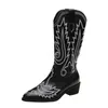 Boots Women Mid Calf Western Cowboy Pointed Toe Knee High Pull on Ladies Fashion Leather Embroidery Botas Mujer 35-43 221122