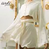 Two Piece Dress Women's Suit White Elegant Satin 2 Piece Ladies Lantern Long Sleeve Crop Top Cardigan Sexy High Waist Mini Tennis Sports Skirt 221123