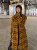 Mulheres misturas de lã Lautaro outono inverno longo solto retro colorido xadrez lã trench coat para mulheres duplo breasted roupas de designer de luxo 221123