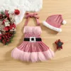 Rompers Infant Baby Girls Christmas Romper Dress Sequins White Plush Trim Patchwork Halterneck Sleeveless Tutu Jumpsuits with Hat 221122