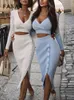 Kadınlar İçin İki Parça Elbise Örme Etek Seti Zarif Moda Uzun Kollu Kazak Elbise Seti Sonbahar Kış Katı Üst ve Midi Etek Kıyafetleri 221123