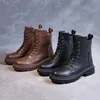 Laarzen HOPUS Dames Hoge Kwaliteit Retro Britse Stijl Leren Schoenen Voor Dames Korte Vierkante Hak Platform 221123
