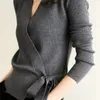 Women's Knits Tees Spring Autumn Long-sleeved Knitted Cardigan Fashion V-neck Wrap Top Temperament Lace-up Sweater Women Elegant Bottoming Shirt 221123