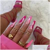 False Nails 24Pcs Detachable Pink Long Coffin Press On Nail Fl Er False Nails Wearable Rhinestone Gradiant Ballerina Design Fake Dro Dhy7G