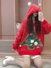 Designer Fashion 2022 Winter Red Sweater Women's Loose Hooded Bright Silk Aging New Year Christmas Tree Knit Top