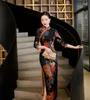 ملابس عرقية أزياء طويلة الأكمام زهرة الصين Qipao مطبوعة محسنة ضئيلة الضحية اللباس التقليدي للنساء شنغهاي تشيونغسام