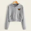 Hoodies للسيدات غير الرسمي القصير على الطراز القصيرة الصلبة طباعة zip الجيب أعلى من قميص sweatsher