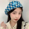 Boinas de checkerboard japonês Seção fina de seção fina de primavera e verão Tap boné feminino Casual Casual Octogonal Hat