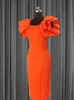Party Dresses Orange Midi Dress Ruffle Shoulders Sleeveless Square Neck Fashion Bodycon Slim Fit African Gowns Vestido De Mujer 2XL 221123