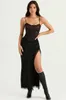 Two Piece Dress Summer Women's Suspender Lace Skinny Offtheshoulder Sleeveless Top Bag Hip Slit Black Skirt Twopiece Suit 221123