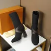 Heeled hiel laarzen elastische laars schoenen schoenen hoge hakken herfst winter sokken mode sexy gebreide ontwerper alfabetische dame brief dikke bloem hak met doos no50