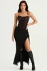 Two Piece Dress Summer Women's Suspender Lace Skinny Offtheshoulder Sleeveless Top Bag Hip Slit Black Skirt Twopiece Suit 221123