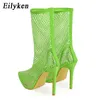 Boots Eilyken New Design PVC Transparent Pointed Toe Mesh Stretch Fabric Sock Boots Fashion Sexy Crystal Rhinestone High Heels Shoes 221123