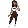 Designer Valentines Day Tracksuits Fashion Pattern Printed Short Sleeved T-shirt And Suspender Jumpsuit Two Piece Jogger Set Women Clothes