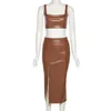 Zweiteiliges Kleid, PU-Leder, 2-teiliges Kleid-Set für Damen, Sommerkleidung, sexy Party, Club, Tank-Top, figurbetont, hoher Schlitz, Midirock, passendes Set, Outfit 221123