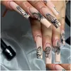 False Nails 24Pcs Detachable Pink Long Coffin Press On Nail Fl Er False Nails Wearable Rhinestone Gradiant Ballerina Design Fake Dro Dhy7G