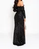 Sexig svart paljettkl￤nningar Fj￤der L￥ng ￤rm fr￥n axelsidan H￶g delad l￥ng mantel Special Tillf￤lle Gl￤nningar Glitter Evening Dress for Women 2023