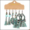 Autres ensembles de bijoux 3 paires / ensemble boucles d'oreilles pendantes de style national bohème bronze antique creux fleur goutte d'eau charme boucles d'oreilles cerceau Wom Dht9D