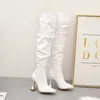 Bot Kış Deri Kadın Stiletto Sandık Toe Beyaz Topuklu Diz Şarap Topuk Yan Fermuar Uyluk Gigh Potes 221122
