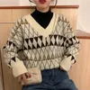 Kadın Sweaters Kadınlar Vintage Argyle Koreli All-Match Chic V-Guth Ladies Sakiller Öğrenci Tembel Stil Kış Kadın Sweater 221123