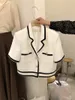 A lã feminina combina temperamento coreano tweed branco de manga curta colheita de moda de moda de moda de verão slim preto terno de lã Cardigan top 221123