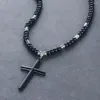 Pendant Necklaces Natural Black Beaded Chain Retro Cross Necklace For Women Statement Cloar Mens Religious Jewelry MN222